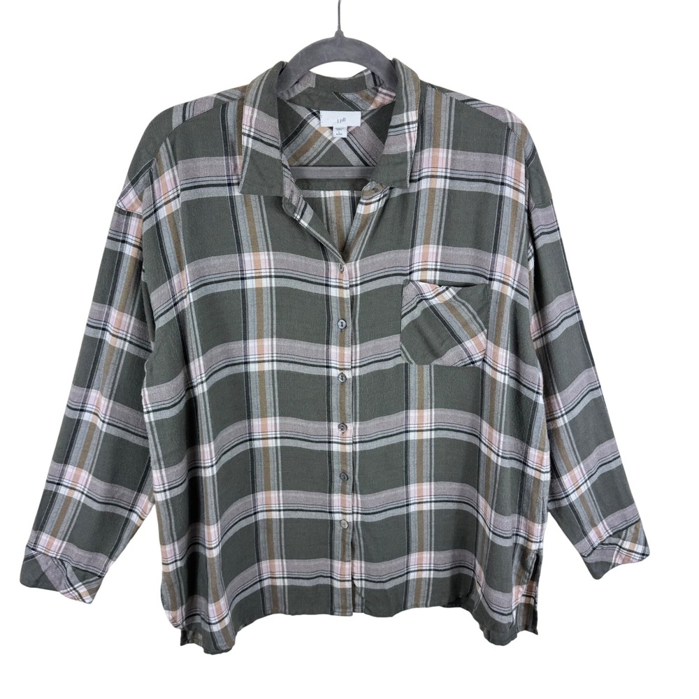 J Jill Olive Green Plaid Button Down Shirt Long Sleeve Petite Large Relaxed Fit